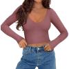imageREORIA Womens Sexy Casual V Neck Long Sleeve Double Lined Fitted Going Out T Shirts Crop Tops TeesMasala