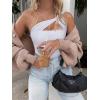 imageREORIA Womens Sexy One Shoulder Asymmetrical Leopard Print Mesh Ruched Backless Going Out Bodysuits TopsWhite
