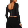 imageREORIA Womens Trendy Sexy Square Neck Long Sleeve Backless Y2K Going Out Boned Bustier Corset Crop TopsBlack