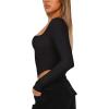 imageREORIA Womens Trendy Sexy Square Neck Long Sleeve Backless Y2K Going Out Boned Bustier Corset Crop TopsBlack