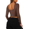 imageREORIA Womens Trendy Sexy Square Neck Long Sleeve Backless Y2K Going Out Boned Bustier Corset Crop TopsCoffee