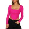 imageREORIA Womens Trendy Sexy Square Neck Long Sleeve Backless Y2K Going Out Boned Bustier Corset Crop TopsNeon Rose Red