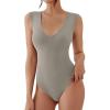imageREORIA Womens Ribbed Tank Bodysuit Deep V Neck Sleeveless Tops Y2K Going Out Casual OutfitsGrey