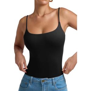 imageREORIA Women Sexy Cami Square Neck Thong Bodysuit Backless Spaghetti Strap Tank TopBlack Onyx