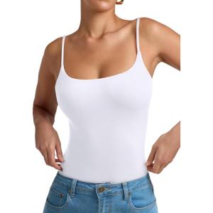 imageREORIA Women Sexy Cami Square Neck Thong Bodysuit Backless Spaghetti Strap Tank TopBrilliant White