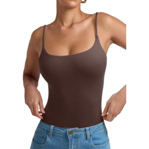 imageREORIA Women Sexy Cami Square Neck Thong Bodysuit Backless Spaghetti Strap Tank TopChocolate Lab