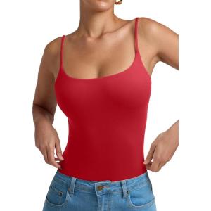 imageREORIA Women Sexy Cami Square Neck Thong Bodysuit Backless Spaghetti Strap Tank TopRibbon Red