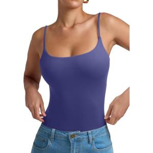 imageREORIA Women Sexy Cami Square Neck Thong Bodysuit Backless Spaghetti Strap Tank TopTwilight Blue