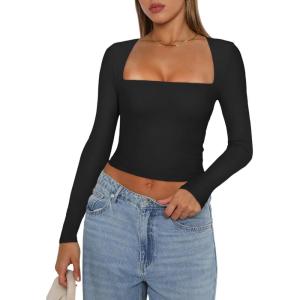 imageREORIA Womens Basic Sexy Square Neck Long Sleeve Y2K Going Out T Shirt Crop TopBlack