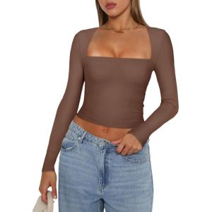 imageREORIA Womens Basic Sexy Square Neck Long Sleeve Y2K Going Out T Shirt Crop TopCoffee