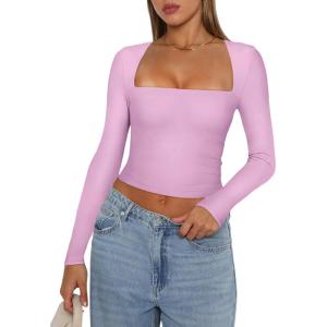imageREORIA Womens Basic Sexy Square Neck Long Sleeve Y2K Going Out T Shirt Crop TopCoral Pink