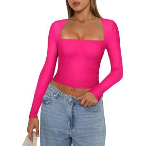imageREORIA Womens Basic Sexy Square Neck Long Sleeve Y2K Going Out T Shirt Crop TopNeon Rose Red