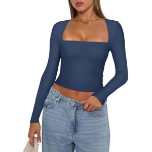 imageREORIA Womens Basic Sexy Square Neck Long Sleeve Y2K Going Out T Shirt Crop TopStarry Blue