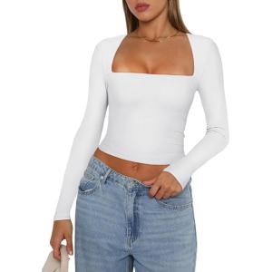 imageREORIA Womens Basic Sexy Square Neck Long Sleeve Y2K Going Out T Shirt Crop TopWhite