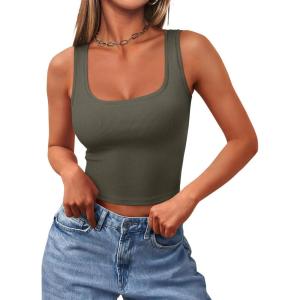 imageREORIA Womens Basic Square Neck Ribbed Tank Tops Workout Crop Tops 2025 Summer Sleeveless Slim Fit ShirtsArmy Green