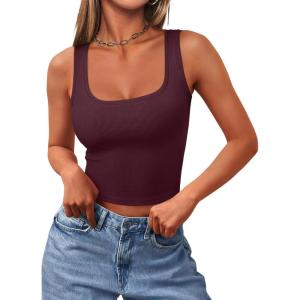 imageREORIA Womens Basic Square Neck Ribbed Tank Tops Workout Crop Tops 2025 Summer Sleeveless Slim Fit ShirtsBurgundy