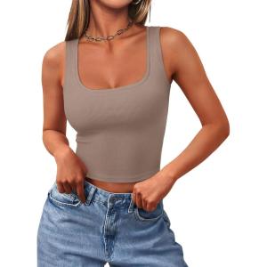 imageREORIA Womens Basic Square Neck Ribbed Tank Tops Workout Crop Tops 2025 Summer Sleeveless Slim Fit ShirtsKhaki