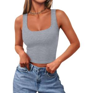 imageREORIA Womens Basic Square Neck Ribbed Tank Tops Workout Crop Tops 2025 Summer Sleeveless Slim Fit ShirtsLight Grey
