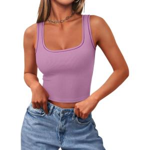 imageREORIA Womens Basic Square Neck Ribbed Tank Tops Workout Crop Tops 2025 Summer Sleeveless Slim Fit ShirtsPetal