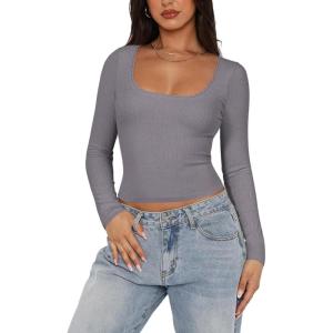imageREORIA Womens Long Sleeve Shirts Basic Crop Tops Square Neck Slim Y2K Fit Fall Winter Cute Clothes OutfitsGrey