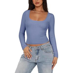 imageREORIA Womens Long Sleeve Shirts Basic Crop Tops Square Neck Slim Y2K Fit Fall Winter Cute Clothes OutfitsGrey Blue