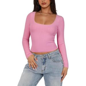 imageREORIA Womens Long Sleeve Shirts Basic Crop Tops Square Neck Slim Y2K Fit Fall Winter Cute Clothes OutfitsPink