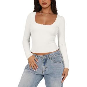 imageREORIA Womens Long Sleeve Shirts Basic Crop Tops Square Neck Slim Y2K Fit Fall Winter Cute Clothes OutfitsWhite