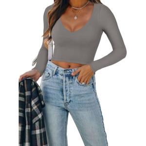 imageREORIA Womens Sexy Casual V Neck Long Sleeve Double Lined Fitted Going Out T Shirts Crop Tops TeesDark Grey