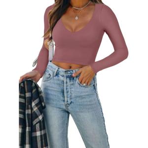 imageREORIA Womens Sexy Casual V Neck Long Sleeve Double Lined Fitted Going Out T Shirts Crop Tops TeesMasala