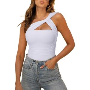 imageREORIA Womens Sexy One Shoulder Asymmetrical Leopard Print Mesh Ruched Backless Going Out Bodysuits TopsWhite