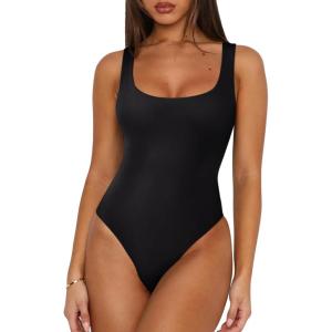imageREORIA Womens Sexy Square Neck Sleeveless Double Lined Basic Bodysuits Backless Tank Tops Going OutBlack