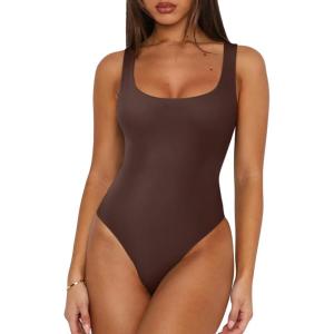 imageREORIA Womens Sexy Square Neck Sleeveless Double Lined Basic Bodysuits Backless Tank Tops Going OutCoffee