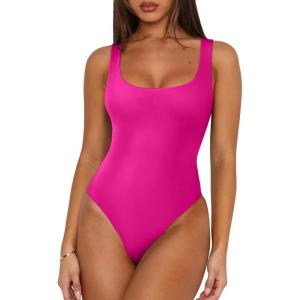 imageREORIA Womens Sexy Square Neck Sleeveless Double Lined Basic Bodysuits Backless Tank Tops Going OutNeon Rose Red
