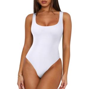 imageREORIA Womens Sexy Square Neck Sleeveless Double Lined Basic Bodysuits Backless Tank Tops Going OutWhite