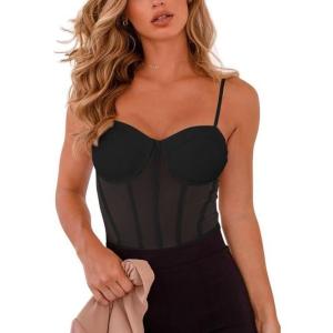 imageREORIA Womens Trendy Sexy Mesh Sheer Spaghetti Strap Going Out Slimming Bustier Corset Bodysuit With Built In BraBlack