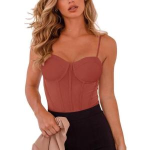 imageREORIA Womens Trendy Sexy Mesh Sheer Spaghetti Strap Going Out Slimming Bustier Corset Bodysuit With Built In BraRusty Red
