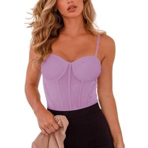 imageREORIA Womens Trendy Sexy Mesh Sheer Spaghetti Strap Going Out Slimming Bustier Corset Bodysuit With Built In BraViolet