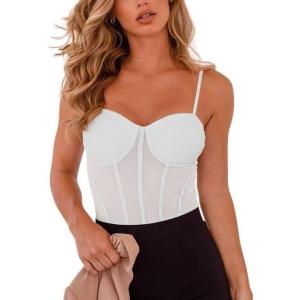 imageREORIA Womens Trendy Sexy Mesh Sheer Spaghetti Strap Going Out Slimming Bustier Corset Bodysuit With Built In BraWhite