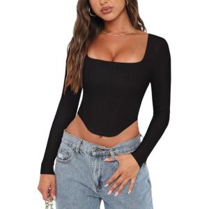 imageREORIA Womens Trendy Sexy Square Neck Long Sleeve Backless Y2K Going Out Boned Bustier Corset Crop TopsBlack