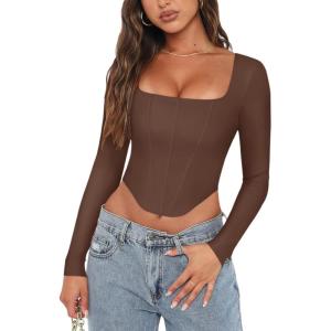 imageREORIA Womens Trendy Sexy Square Neck Long Sleeve Backless Y2K Going Out Boned Bustier Corset Crop TopsCoffee
