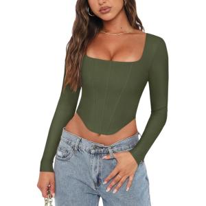 imageREORIA Womens Trendy Sexy Square Neck Long Sleeve Backless Y2K Going Out Boned Bustier Corset Crop TopsDark Green