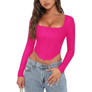 imageREORIA Womens Trendy Sexy Square Neck Long Sleeve Backless Y2K Going Out Boned Bustier Corset Crop TopsNeon Rose Red