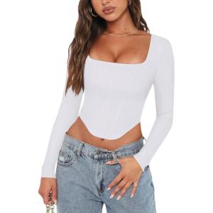 imageREORIA Womens Trendy Sexy Square Neck Long Sleeve Backless Y2K Going Out Boned Bustier Corset Crop TopsWhite