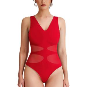 imageREORIA Womens V Neck Sleeveless Sexy Sheer Mesh Bodysuits Tank Tops 2024 SpringSummer Designer CollectionGoji Berry