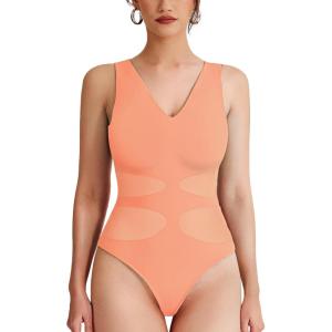 imageREORIA Womens V Neck Sleeveless Sexy Sheer Mesh Bodysuits Tank Tops 2024 SpringSummer Designer CollectionPeach Nectar