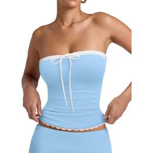 imageREORIA Womens Y2K Cute Tube Top Double Lined Strapless Backless Sleeveless Crop Top for Summer 2025 Going OutAiry Blue
