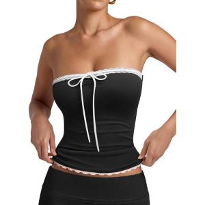 imageREORIA Womens Y2K Cute Tube Top Double Lined Strapless Backless Sleeveless Crop Top for Summer 2025 Going OutBlack