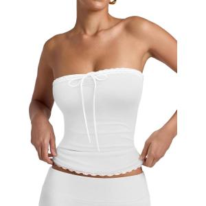 imageREORIA Womens Y2K Cute Tube Top Double Lined Strapless Backless Sleeveless Crop Top for Summer 2025 Going OutBrilliant White