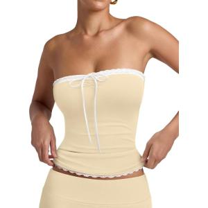 imageREORIA Womens Y2K Cute Tube Top Double Lined Strapless Backless Sleeveless Crop Top for Summer 2025 Going OutButtercream