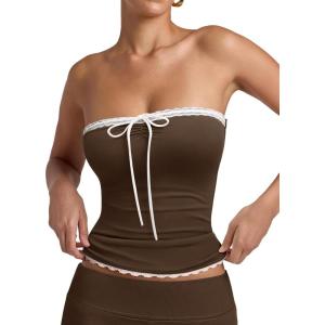imageREORIA Womens Y2K Cute Tube Top Double Lined Strapless Backless Sleeveless Crop Top for Summer 2025 Going OutShaved Chocolate
